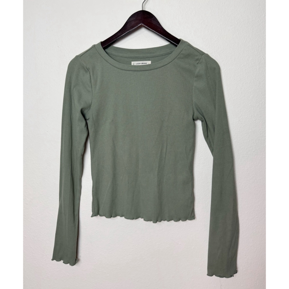 Lucky Brand Green Long Sleeve Ribbed Crew Small Preppy Classic Boho Western - Picture 2 of 7